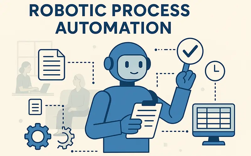 Illustration eines digitalen Roboters, der Aufgaben automatisiert und Prozesse verbindet – Symbolbild für Robotic Process Automation (RPA).