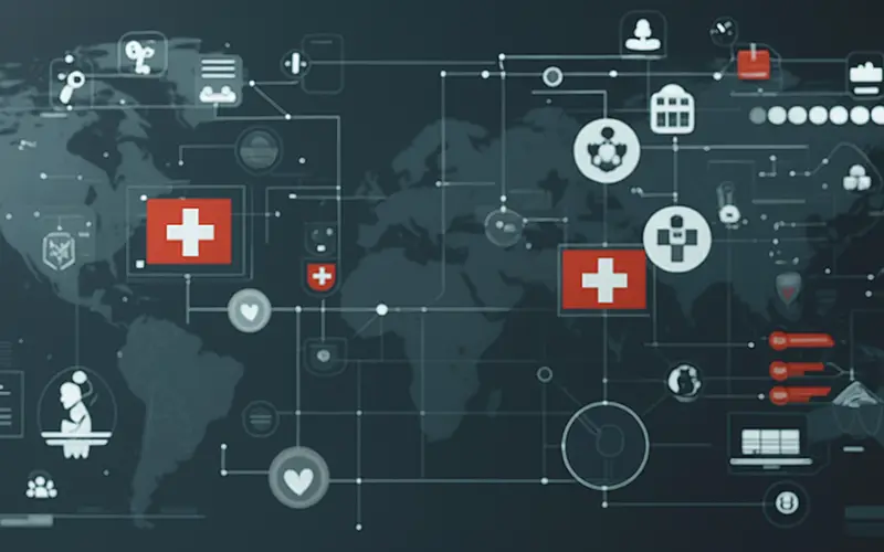 Digitale Weltkarte mit vernetzten medizinischen Symbolen wie Schweizerkreuzen, Herzsymbolen, Ärzten und Technologie-Icons, die globale Gesundheitsverbindungen darstellen.