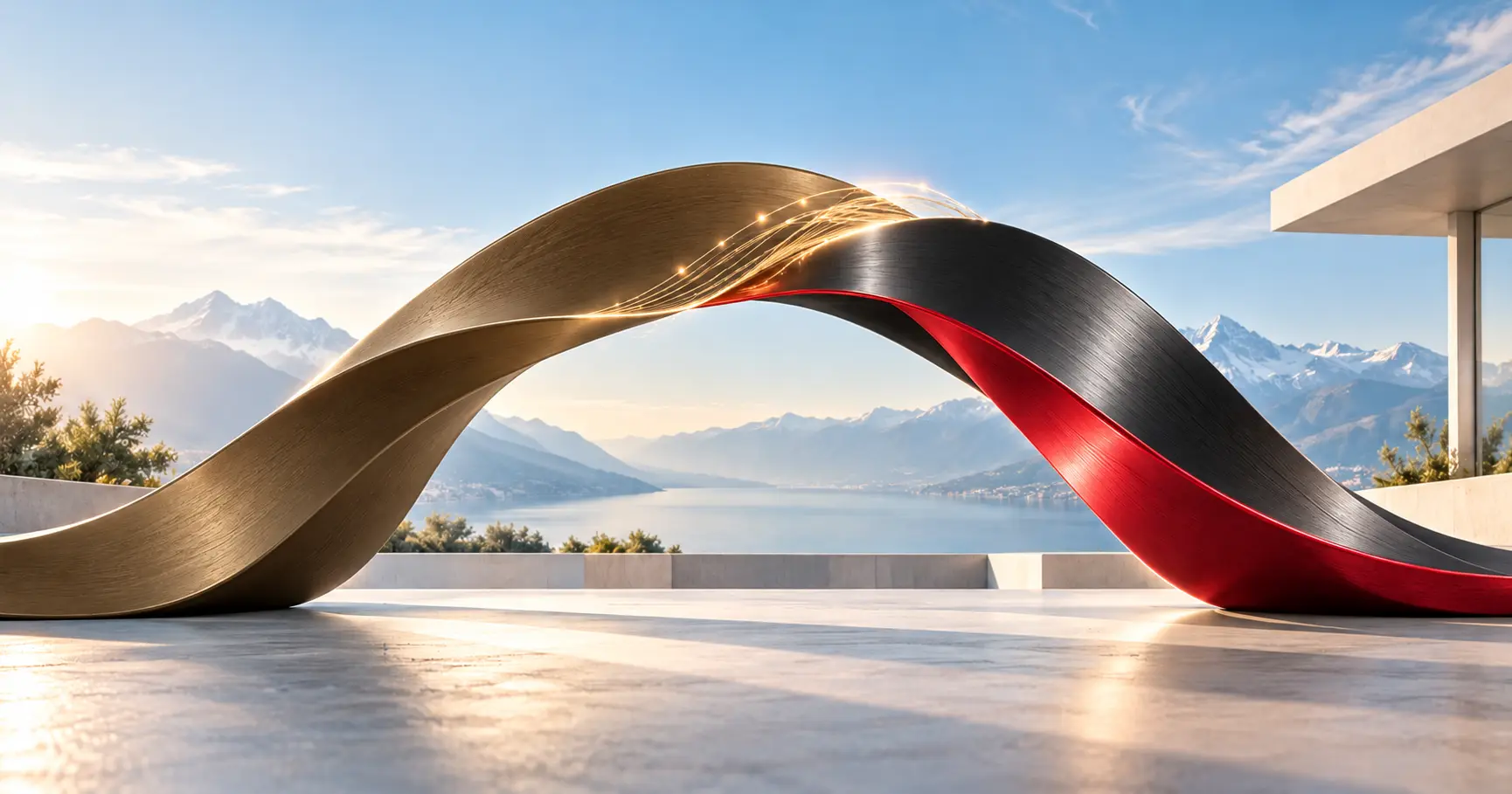Zwei ineinandergreifende Bögen in Braun und Schwarz-Rot bilden eine Brücke vor einer Schweizer See- und Berglandschaft.
