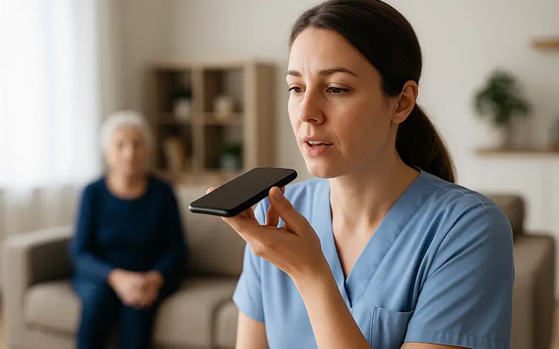 Pflegefachperson spricht in ihr Smartphone, um eine Pflegedokumentation per Sprache aufzunehmen, während im Hintergrund eine ältere Frau auf dem Sofa sitzt.